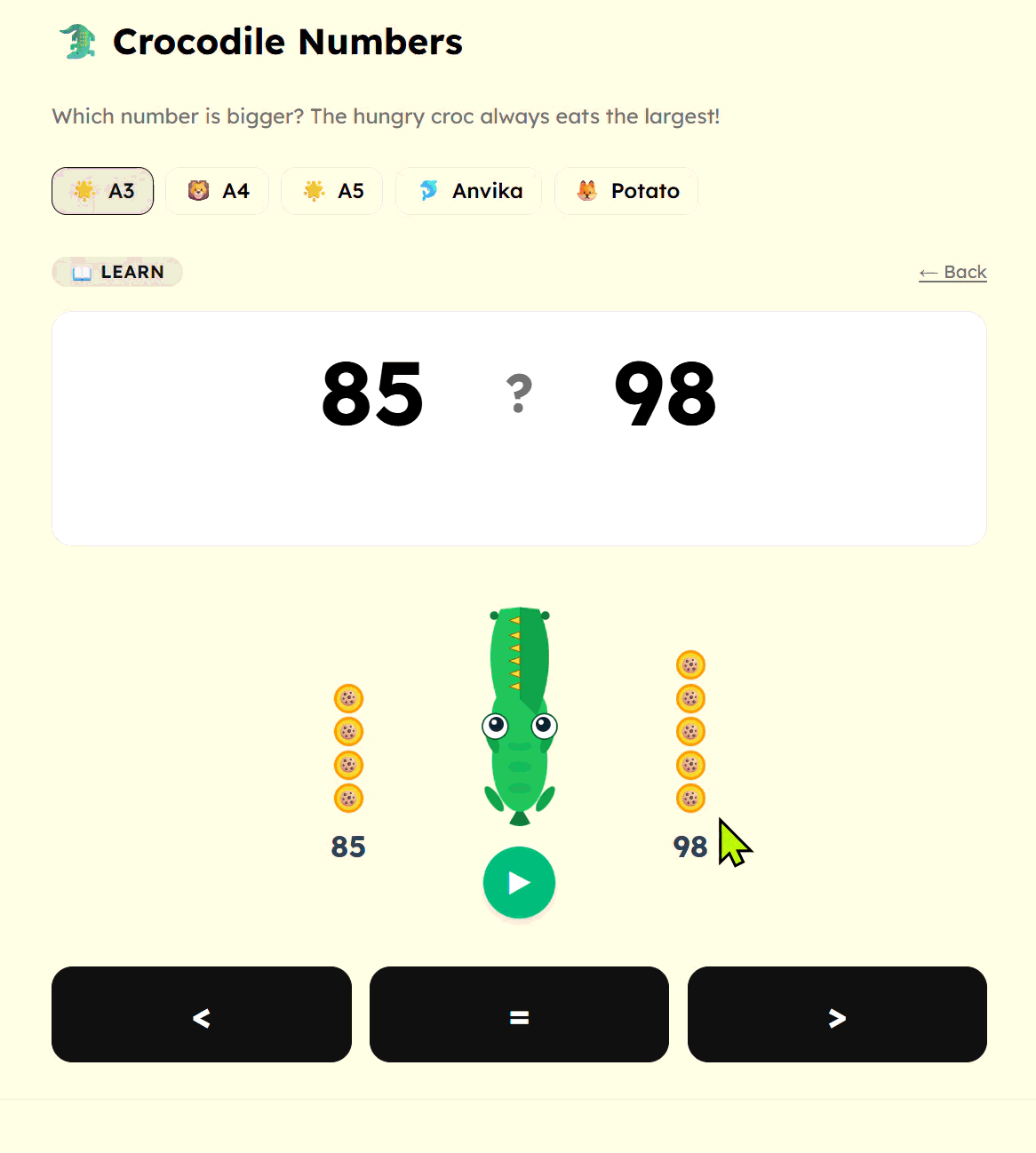 Animated demo of Crocodile Numbers: the croc hint button appears, the student taps it, the crocodile animation plays showing which number is bigger, then the student answers correctly